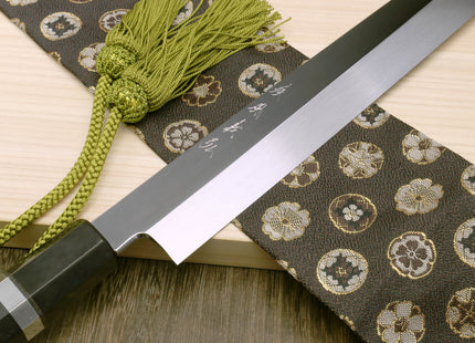 Yoshihiro Honyaki Aoko Blue Steel Mirror Finished Yanagi Sushi Sashimi Japanese knife with Triple Nickel Silver Ring Ebony Handle