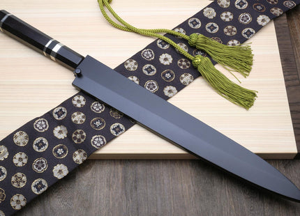 Yoshihiro Honyaki Aoko Blue Steel Mirror Finished Yanagi Sushi Sashimi Japanese knife with Triple Nickel Silver Ring Ebony Handle