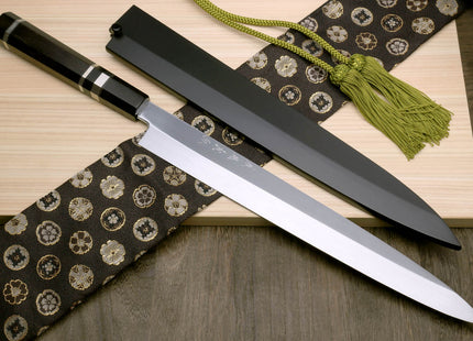 Yoshihiro Honyaki Aoko Blue Steel Mirror Finished Yanagi Sushi Sashimi Japanese knife with Triple Nickel Silver Ring Ebony Handle