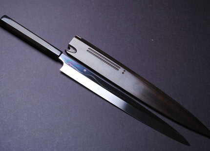 Yoshihiro Honyaki Mirror-Finished White Steel#1 line designs Mt.Fuji with Full Moon Yanagi 330mm Mizuyaki Ebony Handle