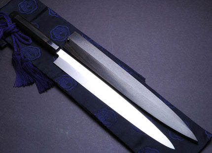 Yoshihiro Honyaki Mirror-Finished White Steel#1 line designs Mt.Fuji with Full Moon Yanagi 330mm Mizuyaki Ebony Handle