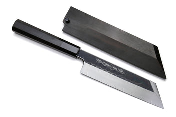 Japanese vegetable knife and black saya covers with mirror-finished blades