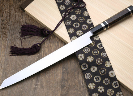 Yoshihiro Honyaki White Steel Mirror-Finished Namiukashi Yanagi Kiritsuke Sushi Sashimi Japanese Knife with Triple Nickel Silver Ring Ebony Handle