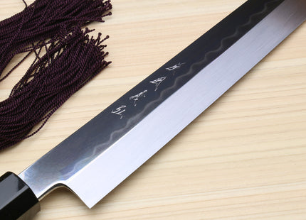 Yoshihiro Honyaki White Steel Mirror-Finished Namiukashi Yanagi Kiritsuke Sushi Sashimi Japanese Knife with Triple Nickel Silver Ring Ebony Handle