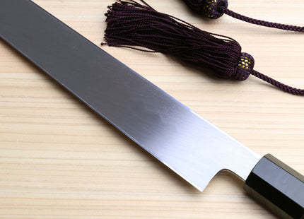 Yoshihiro Honyaki White Steel Mirror-Finished Namiukashi Yanagi Kiritsuke Sushi Sashimi Japanese Knife with Triple Nickel Silver Ring Ebony Handle