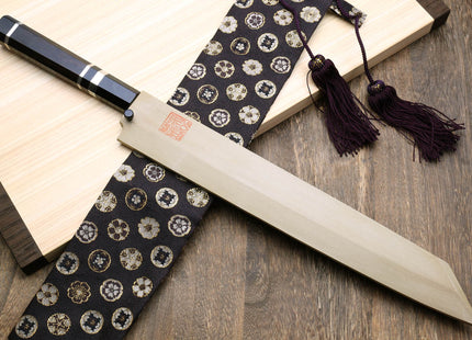 Yoshihiro Honyaki White Steel Mirror-Finished Namiukashi Yanagi Kiritsuke Sushi Sashimi Japanese Knife with Triple Nickel Silver Ring Ebony Handle