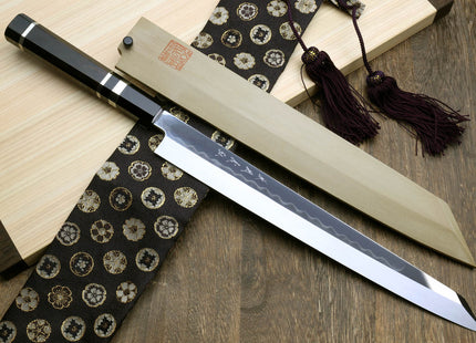 Yoshihiro Honyaki White Steel Mirror-Finished Namiukashi Yanagi Kiritsuke Sushi Sashimi Japanese Knife with Triple Nickel Silver Ring Ebony Handle