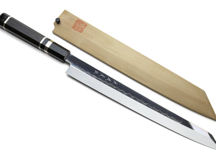 Yoshihiro Honyaki White Steel Mirror-Finished Namiukashi Yanagi Kiritsuke Sushi Sashimi Japanese Knife with Triple Nickel Silver Ring Ebony Handle