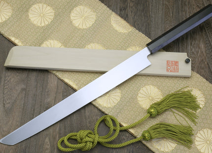 Yoshihiro Honyaki White Steel Sakimaru Takobiki Mirror Finished Sushi Sashimi Slicing Japanese Chef Knife Ebony Handle