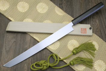 Sushi sashimi knife with long mirror-finished blade and dark ebony handle, green cord tied.