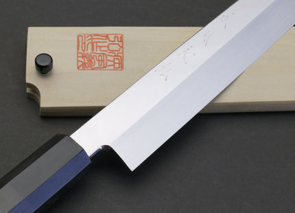 Yoshihiro Honyaki White Steel Sakimaru Takobiki Mirror Finished Sushi Sashimi Slicing Japanese Chef Knife Ebony Handle