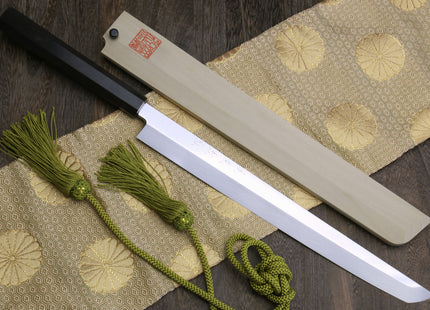 Yoshihiro Honyaki White Steel Sakimaru Takobiki Mirror Finished Sushi Sashimi Slicing Japanese Chef Knife Ebony Handle