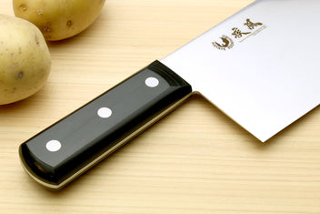Chinese-style chef cleaver knife with black handle and steel blade