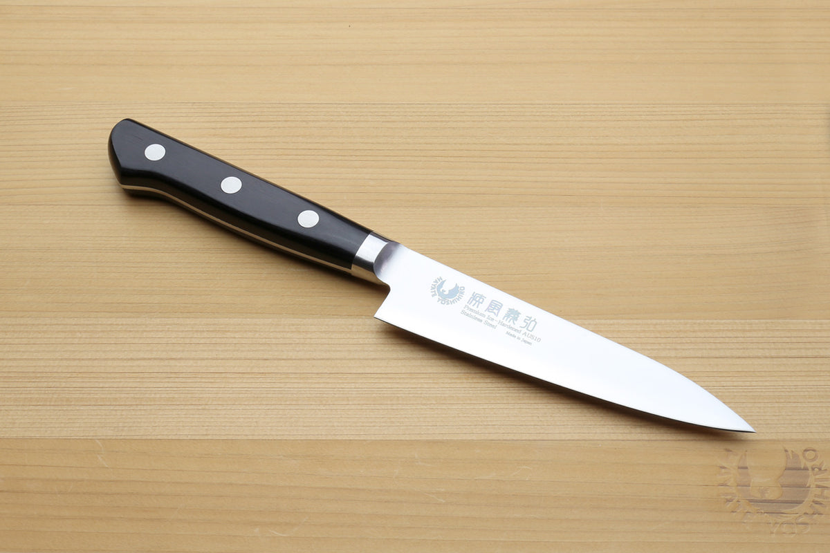 Stain-resistant petty utility knife with dark handle and white steel 120mm blade