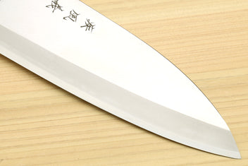 Japanese deba knife close-up of long stainless blade