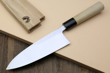 Deba fish fillet knife with white blade, magnolia wood handle, and black spine collar