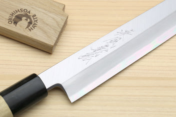 Yoshihiro Kasumi yanagi sashimi knife, white steel blade with etched marks, black handle