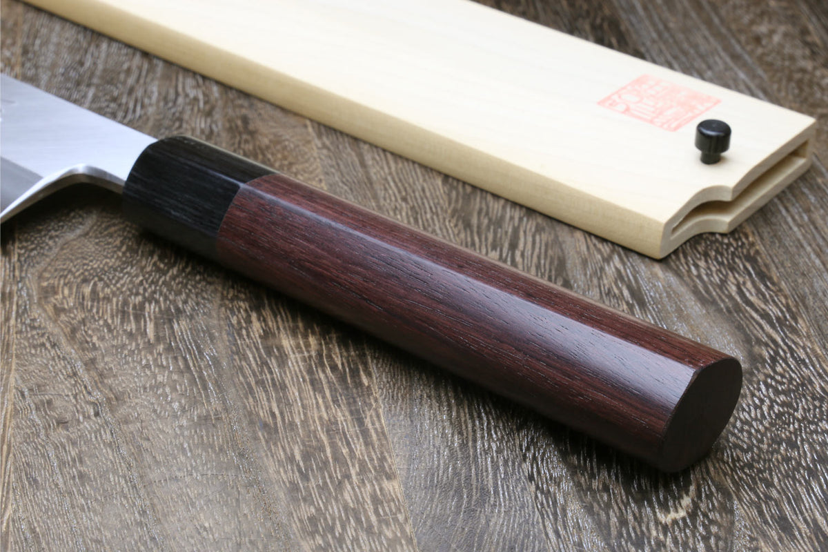 Dark shitan handle with light wood saya and white steel blade edge