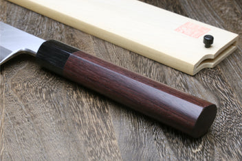 Dark shitan handle with light wood saya and white steel blade edge