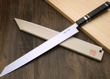 Yoshihiro Mizu Honyaki Mirror Finished Blue Steel Yanagi-Kiritsuke Sushi Sashimi Japanese Knife with Sterling Silver Ring Ebony Handle