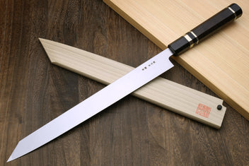 Yanagi-kiritsuke sushi knife with mirror-finished blue steel blade