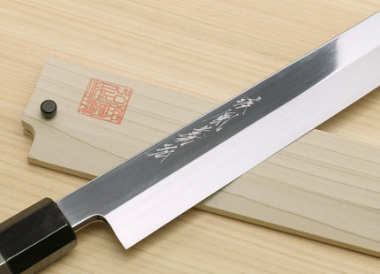 Yoshihiro Mizu Honyaki Mirror Finished Blue Steel Yanagi-Kiritsuke Sushi Sashimi Japanese Knife with Sterling Silver Ring Ebony Handle