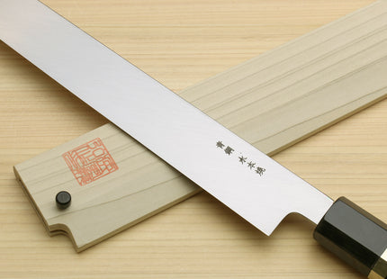 Yoshihiro Mizu Honyaki Mirror Finished Blue Steel Yanagi-Kiritsuke Sushi Sashimi Japanese Knife with Sterling Silver Ring Ebony Handle