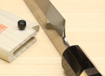 Yoshihiro Mizu Honyaki Mirror Finished Blue Steel Yanagi-Kiritsuke Sushi Sashimi Japanese Knife with Sterling Silver Ring Ebony Handle