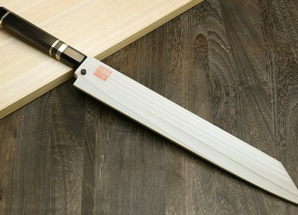 Yoshihiro Mizu Honyaki Mirror Finished Blue Steel Yanagi-Kiritsuke Sushi Sashimi Japanese Knife with Sterling Silver Ring Ebony Handle