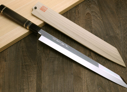 Yoshihiro Mizu Honyaki Mirror Finished Blue Steel Yanagi-Kiritsuke Sushi Sashimi Japanese Knife with Sterling Silver Ring Ebony Handle