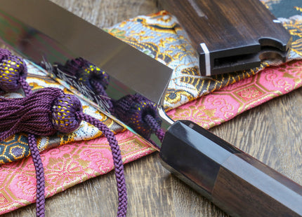 Yoshihiro Mizu Honyaki Mirror-Finished Namiukashi White Steel #2 Yanagi Kiritsuke Sushi Sashimi Japanese Knife Ebony Handle and Saya
