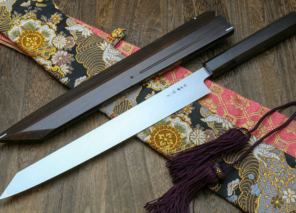 Yoshihiro Mizu Honyaki Mirror-Finished Namiukashi White Steel #2 Yanagi Kiritsuke Sushi Sashimi Japanese Knife Ebony Handle and Saya
