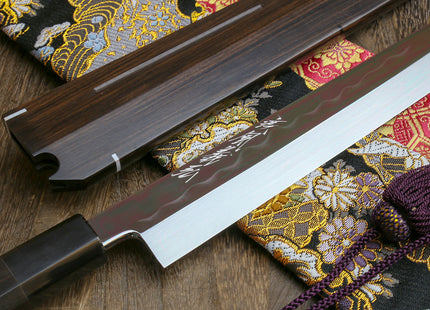 Yoshihiro Mizu Honyaki Mirror-Finished Namiukashi White Steel #2 Yanagi Kiritsuke Sushi Sashimi Japanese Knife Ebony Handle and Saya