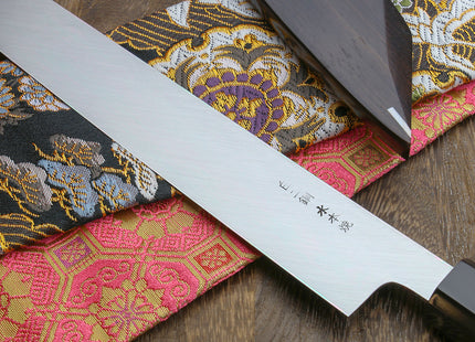 Yoshihiro Mizu Honyaki Mirror-Finished Namiukashi White Steel #2 Yanagi Kiritsuke Sushi Sashimi Japanese Knife Ebony Handle and Saya