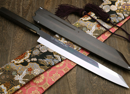 Yoshihiro Mizu Honyaki Mirror-Finished Namiukashi White Steel #2 Yanagi Kiritsuke Sushi Sashimi Japanese Knife Ebony Handle and Saya