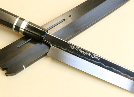 Yoshihiro Mizu Honyaki Mirror-Finished Namiukashi White Steel #2 Yanagi Kiritsuke Sushi Sashimi Japanese Knife Triple Nickel Silver Ring Ebony Handle and Saya