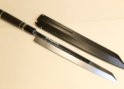 Yoshihiro Mizu Honyaki Mirror-Finished Namiukashi White Steel #2 Yanagi Kiritsuke Sushi Sashimi Japanese Knife Triple Nickel Silver Ring Ebony Handle and Saya