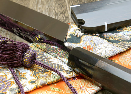 Yoshihiro Mizu Honyaki Mirror-Finished Namiukashi White Steel #2 Yanagi Sushi Sashimi Japanese Knife Ebony Handle and Saya