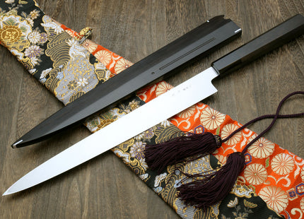 Yoshihiro Mizu Honyaki Mirror-Finished Namiukashi White Steel #2 Yanagi Sushi Sashimi Japanese Knife Ebony Handle and Saya