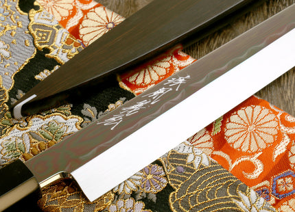 Yoshihiro Mizu Honyaki Mirror-Finished Namiukashi White Steel #2 Yanagi Sushi Sashimi Japanese Knife Ebony Handle and Saya