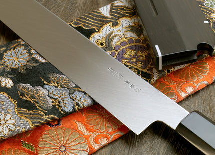 Yoshihiro Mizu Honyaki Mirror-Finished Namiukashi White Steel #2 Yanagi Sushi Sashimi Japanese Knife Ebony Handle and Saya