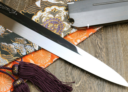 Yoshihiro Mizu Honyaki Mirror-Finished Namiukashi White Steel #2 Yanagi Sushi Sashimi Japanese Knife Ebony Handle and Saya