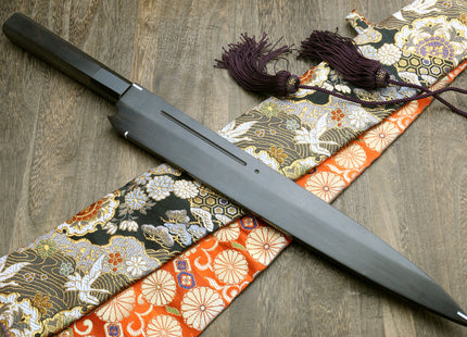 Yoshihiro Mizu Honyaki Mirror-Finished Namiukashi White Steel #2 Yanagi Sushi Sashimi Japanese Knife Ebony Handle and Saya