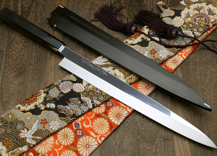 Yoshihiro Mizu Honyaki Mirror-Finished Namiukashi White Steel #2 Yanagi Sushi Sashimi Japanese Knife Ebony Handle and Saya