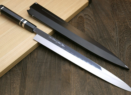 Yoshihiro Mizu Honyaki Mirror-Finished Namiukashi White Steel #2 Yanagi Sushi Sashimi Japanese Knife Triple Nickel Silver Ring Ebony Handle and Premium Ebony Saya