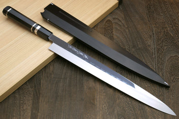 Sushi sashimi knife set with mirror blade, dark handle, and matching saya