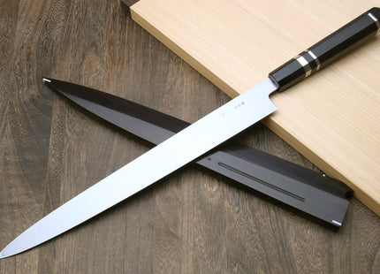 Yoshihiro Mizu Honyaki Mirror-Finished Namiukashi White Steel #2 Yanagi Sushi Sashimi Japanese Knife Triple Nickel Silver Ring Ebony Handle and Premium Ebony Saya
