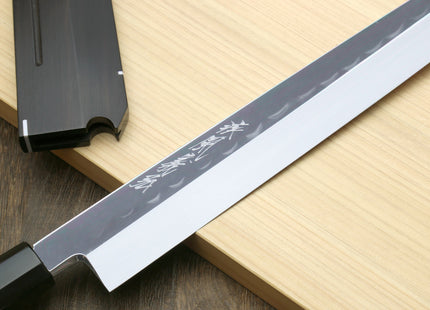 Yoshihiro Mizu Honyaki Mirror-Finished Namiukashi White Steel #2 Yanagi Sushi Sashimi Japanese Knife Triple Nickel Silver Ring Ebony Handle and Premium Ebony Saya