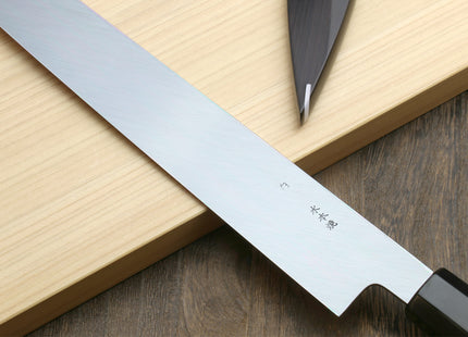 Yoshihiro Mizu Honyaki Mirror-Finished Namiukashi White Steel #2 Yanagi Sushi Sashimi Japanese Knife Triple Nickel Silver Ring Ebony Handle and Premium Ebony Saya