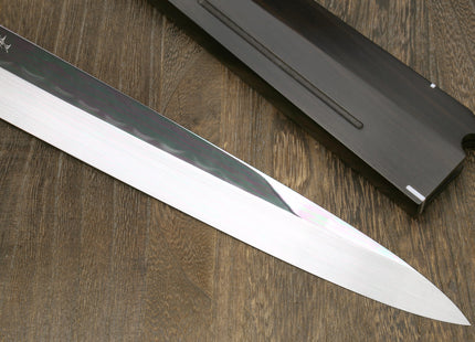 Yoshihiro Mizu Honyaki Mirror-Finished Namiukashi White Steel #2 Yanagi Sushi Sashimi Japanese Knife Triple Nickel Silver Ring Ebony Handle and Premium Ebony Saya